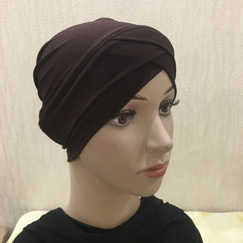 H117 Forehead criss Cross Muslim Turban Pure Color Stretch Inner Hijabs For Caps Ready To Wear Women Head Scarf Under Bonnet