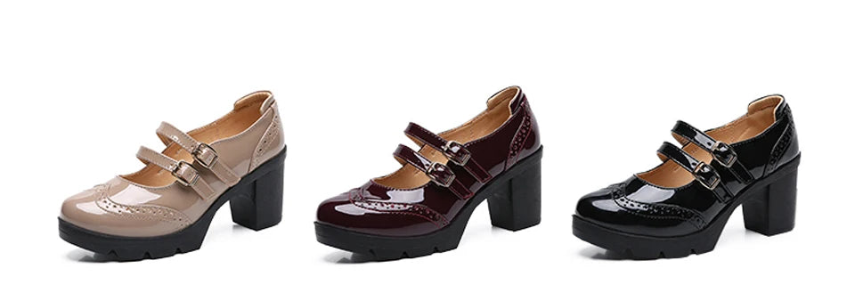 EOFK Women Pumps Shoes Genuine Leather New Mary Jane High Heels Shinny Patent Woman Ladies Shoes Pumps Brogue High Square Heel