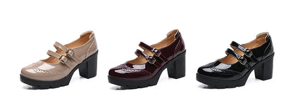 EOFK Women Pumps Shoes Genuine Leather New Mary Jane High Heels Shinny Patent Woman Ladies Shoes Pumps Brogue High Square Heel
