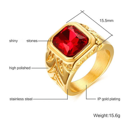 Square Red gemstones zircon diamonds rings for men 18K gold color titanium stainless steel luxury jewelry bijoux bague accessory