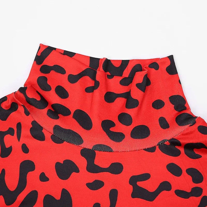 OMSJ Hot Selling Trendy Hipster Turtleneck Rompers For Women Full Sleeve Connection Gloves Leopard Print Streetwear Y2k Body Top