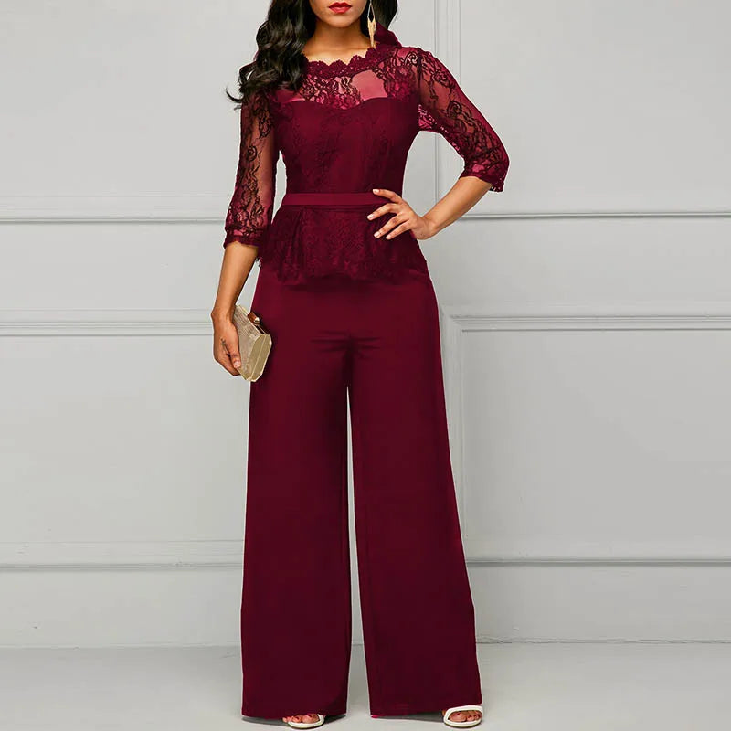Sexy Lace Hollow Out Jumpsuits Women Spring Autumn Solid O-neck Half Sleeve Party Rompers Elegant Office Lady Wide Leg Overalls