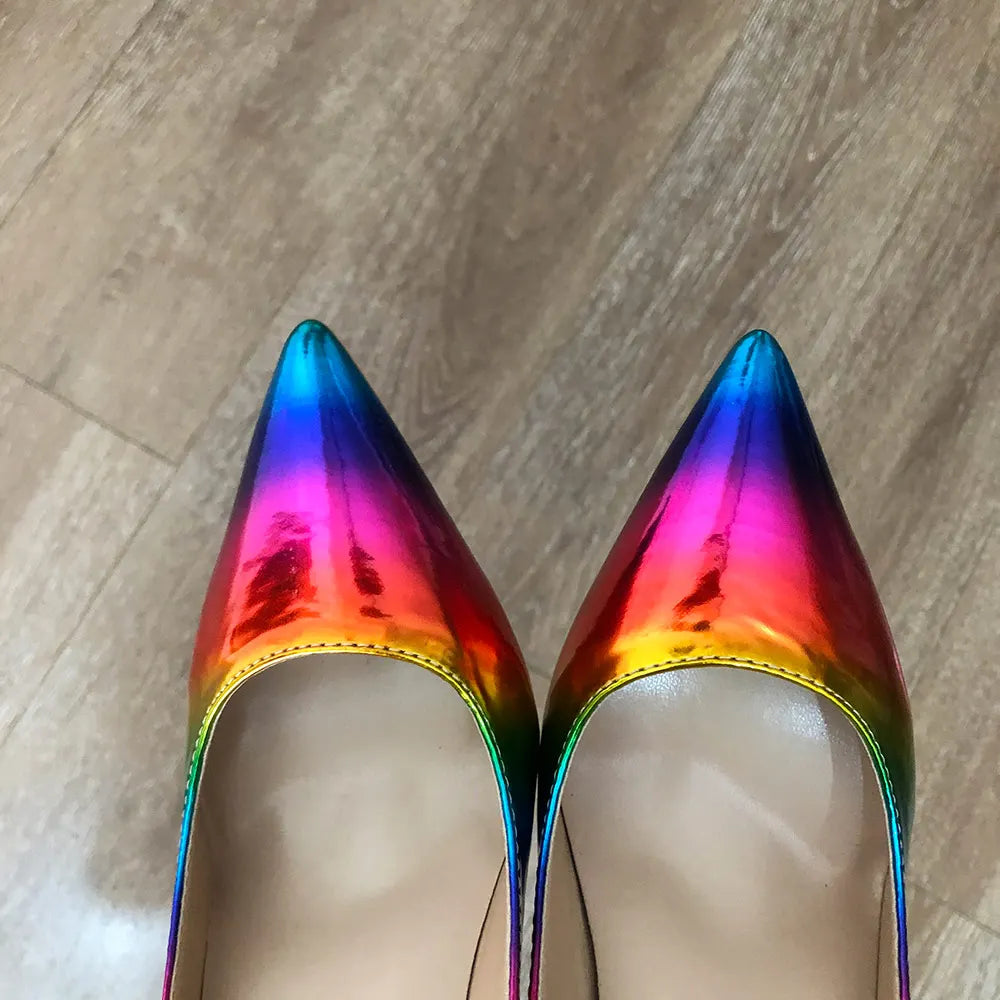 Veowalk Artsy Glossy Colorful Print Women Pointed Toe High Heels Ladies Slip On Stilettos Pumps Sexy Night Club Thin Heel Shoes