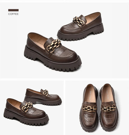 BeauToday Loafers for Women Genuine Cow Leather Round Toe Metal Chain Slip-on Ladies Platform Shoes Handmade I27748