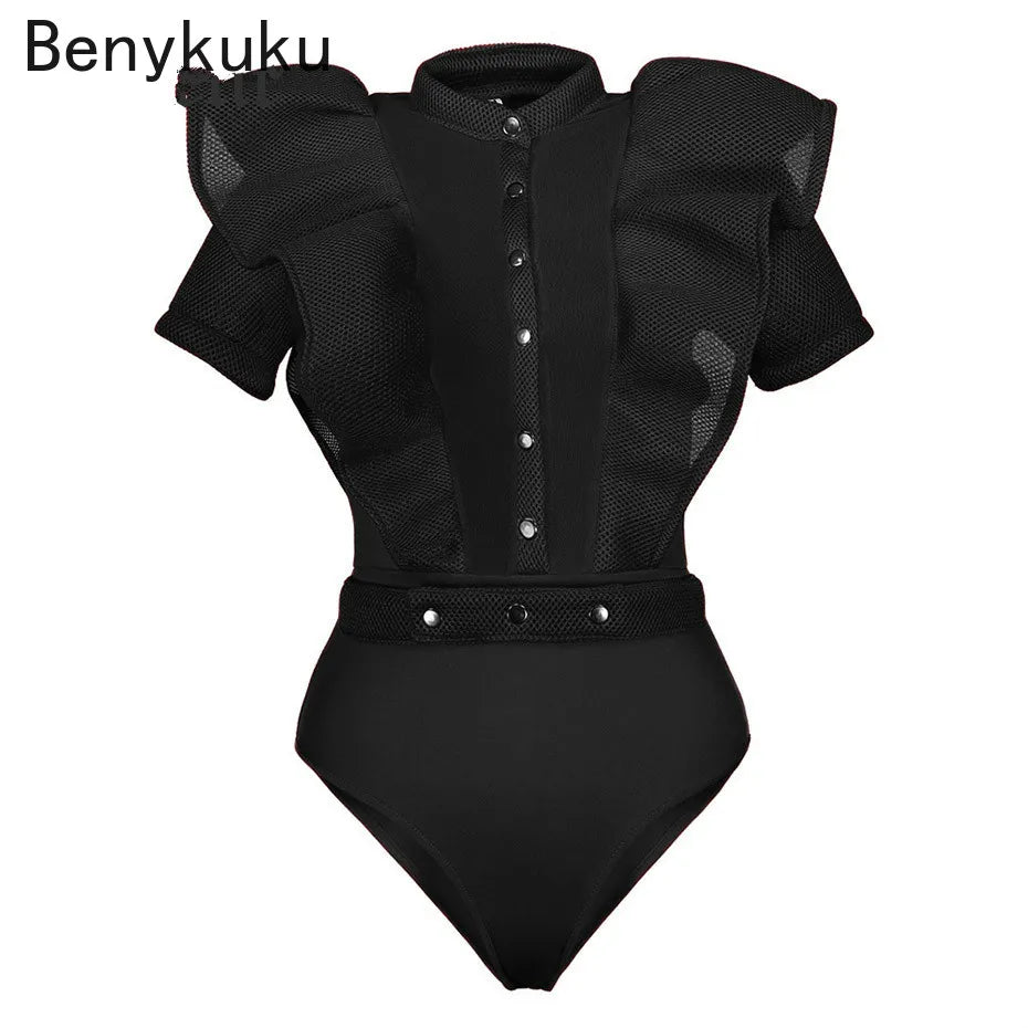 Black Jumpsuits For Women Gothic Combinaison Femme Sexy Party Body Tops Women One Piece Mesh Bodysuit Womens Clothing Romper