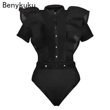 Black Jumpsuits For Women Gothic Combinaison Femme Sexy Party Body Tops Women One Piece Mesh Bodysuit Womens Clothing Romper