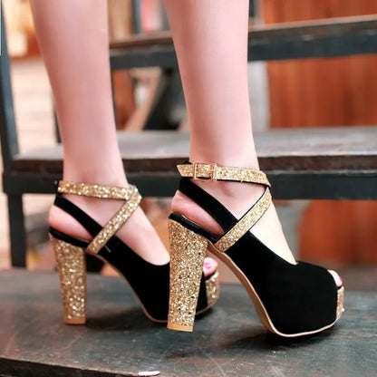 12CM High Heel Thick Heel Sandals Spring and Summer New Style Buckle Fish Mouth Women's Shoes Black Blue Plus Size 32-43