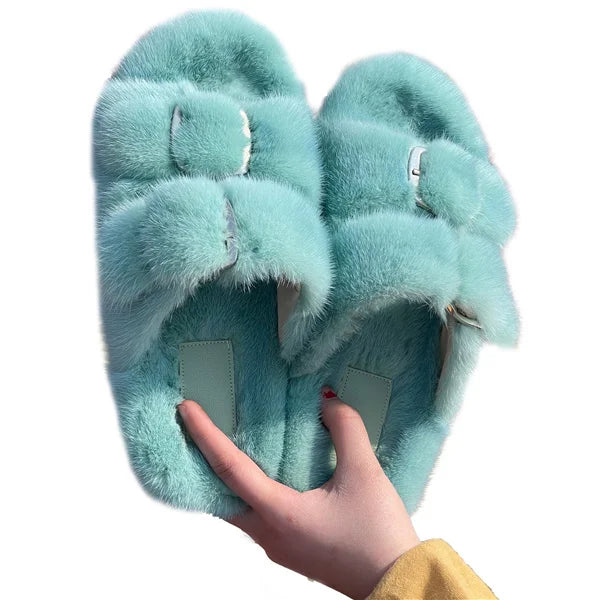 Slippers Ladies Summer Fluffy Mink Fur Slippers 100% Mink Fur Slippers Ladies Sandals 2021 Home Slippers Girls Outdoor Slippers