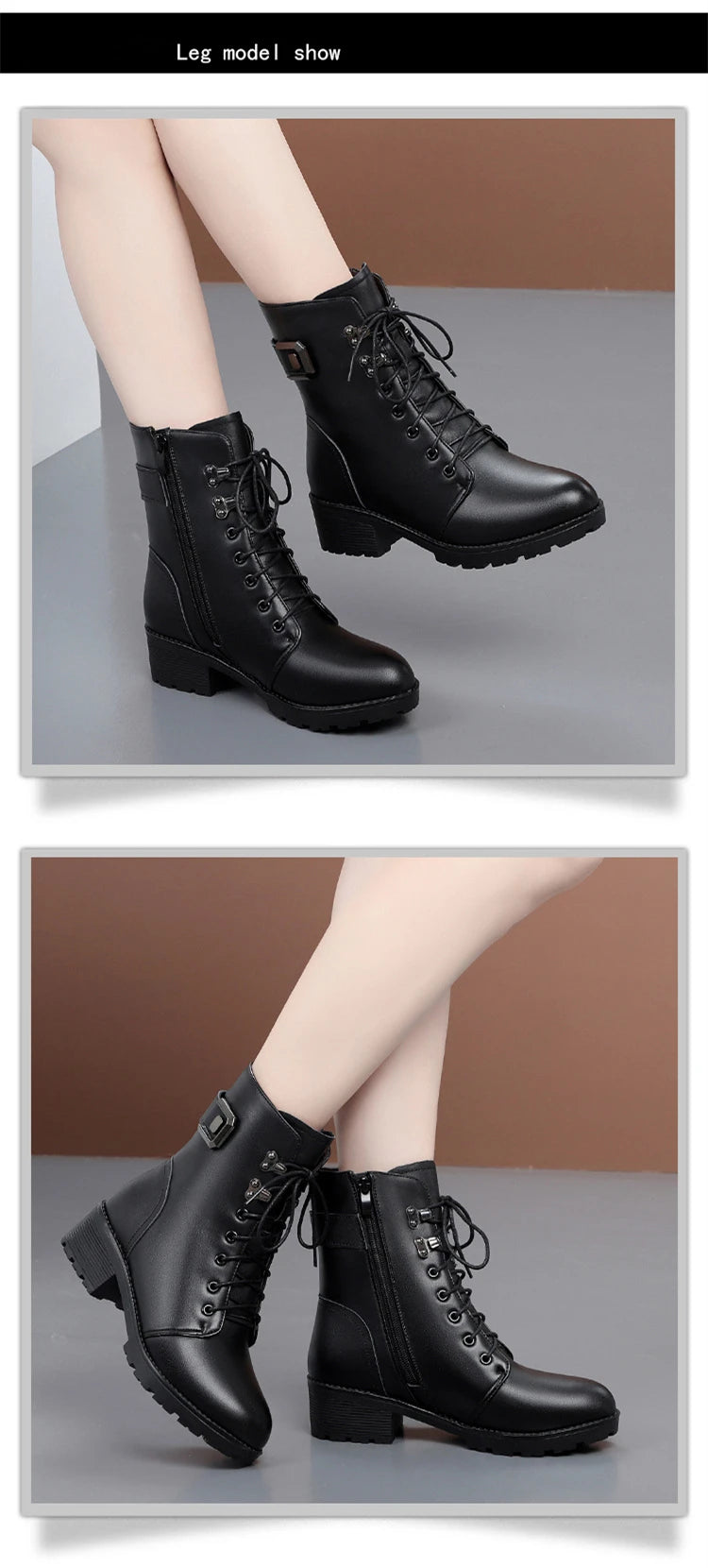 WOIZGIC Female Ladies Women Genuine Leather Ankle Boots Platform Winter Antumn Plush Fur Warm Shoes Plus Size Lace Up 35-43