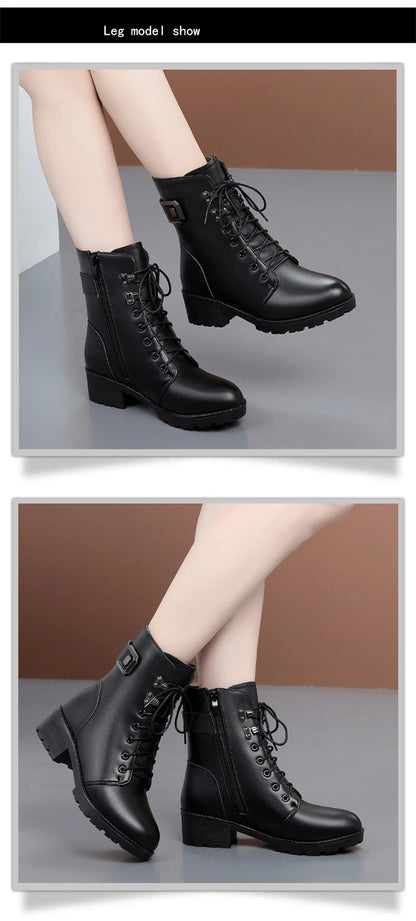 WOIZGIC Female Ladies Women Genuine Leather Ankle Boots Platform Winter Antumn Plush Fur Warm Shoes Plus Size Lace Up 35-43