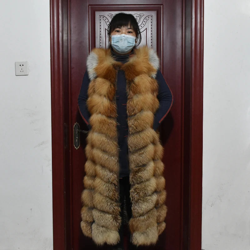 Winter Red Fox Fur Vest Female Real Extended Long  Women Red Fox Fur Waistcoat Natural Fox Fur Waistcoat Long