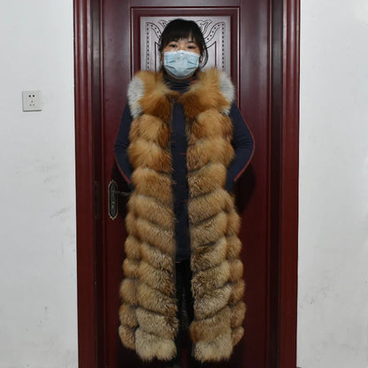 Winter Red Fox Fur Vest Female Real Extended Long  Women Red Fox Fur Waistcoat Natural Fox Fur Waistcoat Long