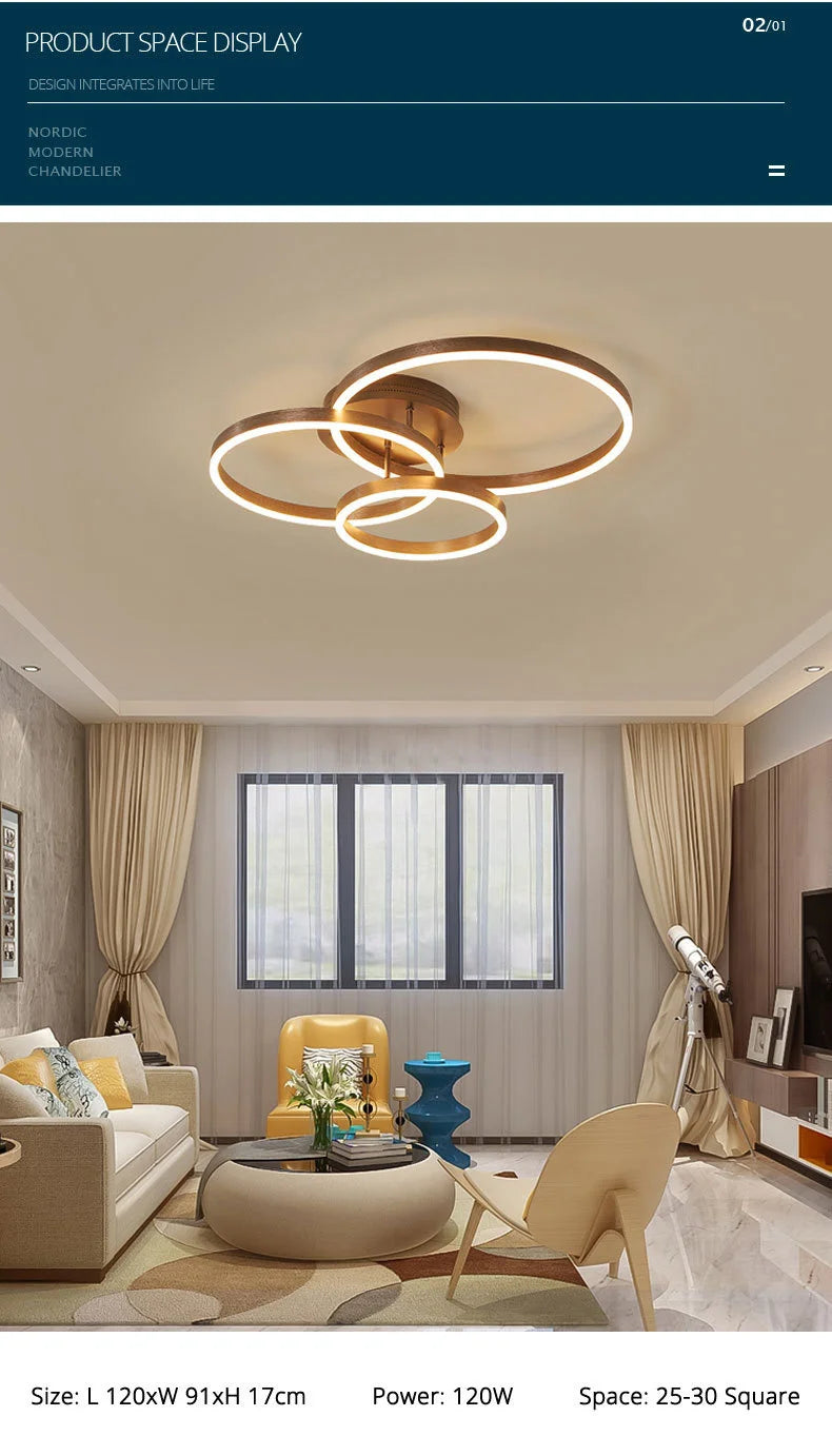 Nordic Creative Round Circle Chandeliers For Bedroom Living Room Restaurant Lighting Golden Coffee Lustre Ring Ceiling Lights