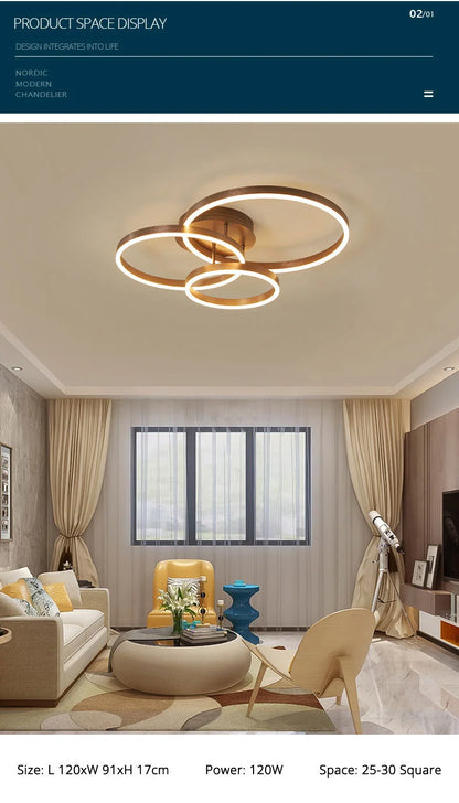 Nordic Creative Round Circle Chandeliers For Bedroom Living Room Restaurant Lighting Golden Coffee Lustre Ring Ceiling Lights