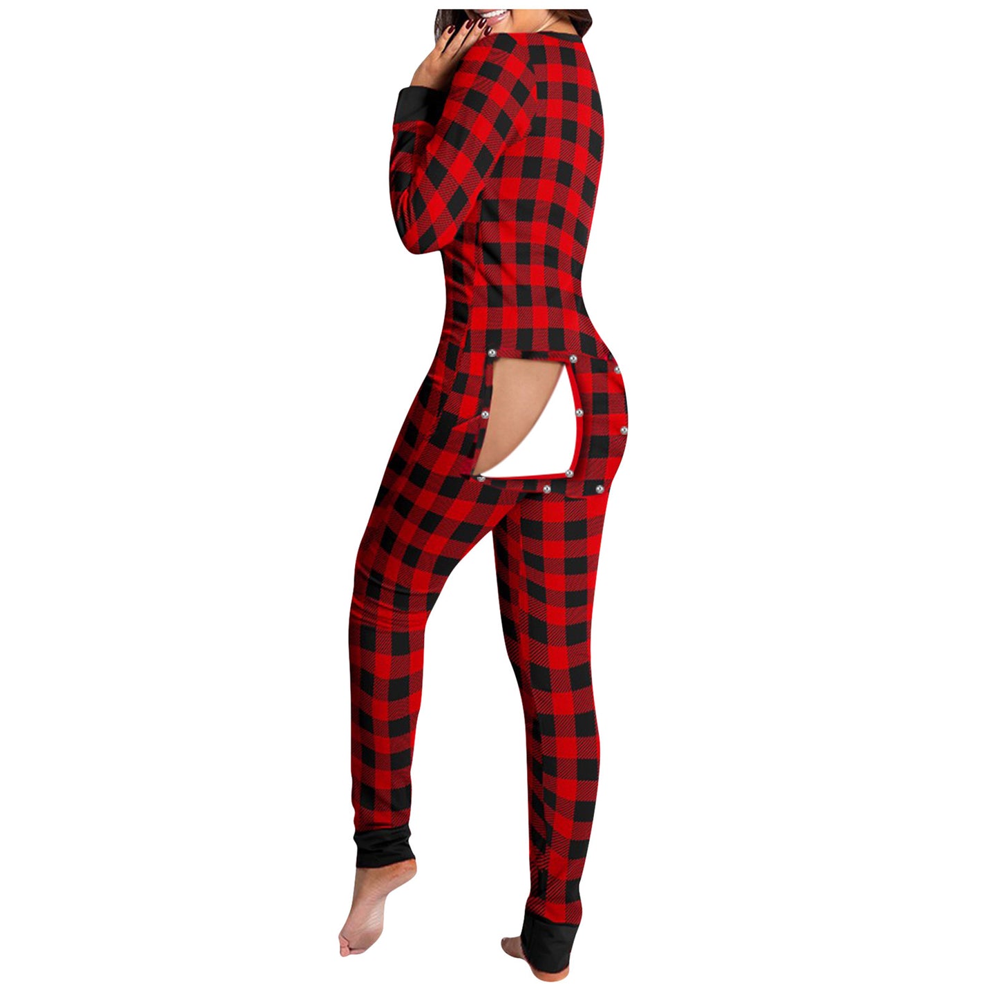 Sexy Women Pajamas Onesies Button-down Front Buttoned Flap Adults Pyjama Plaid Cow Print V-neck Long Sleeve Jumpsuit Sleepwear