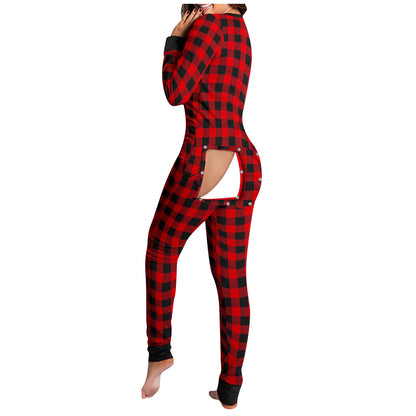 Sexy Women Pajamas Onesies Button-down Front Buttoned Flap Adults Pyjama Plaid Cow Print V-neck Long Sleeve Jumpsuit Sleepwear