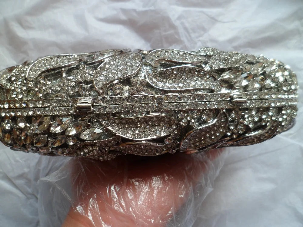 Gold Metal Leaves White Crystals Evening Clutch Bags Luxury Women Wedding Party Purse Ball Handbags Rhinestone Mini Minaudiere