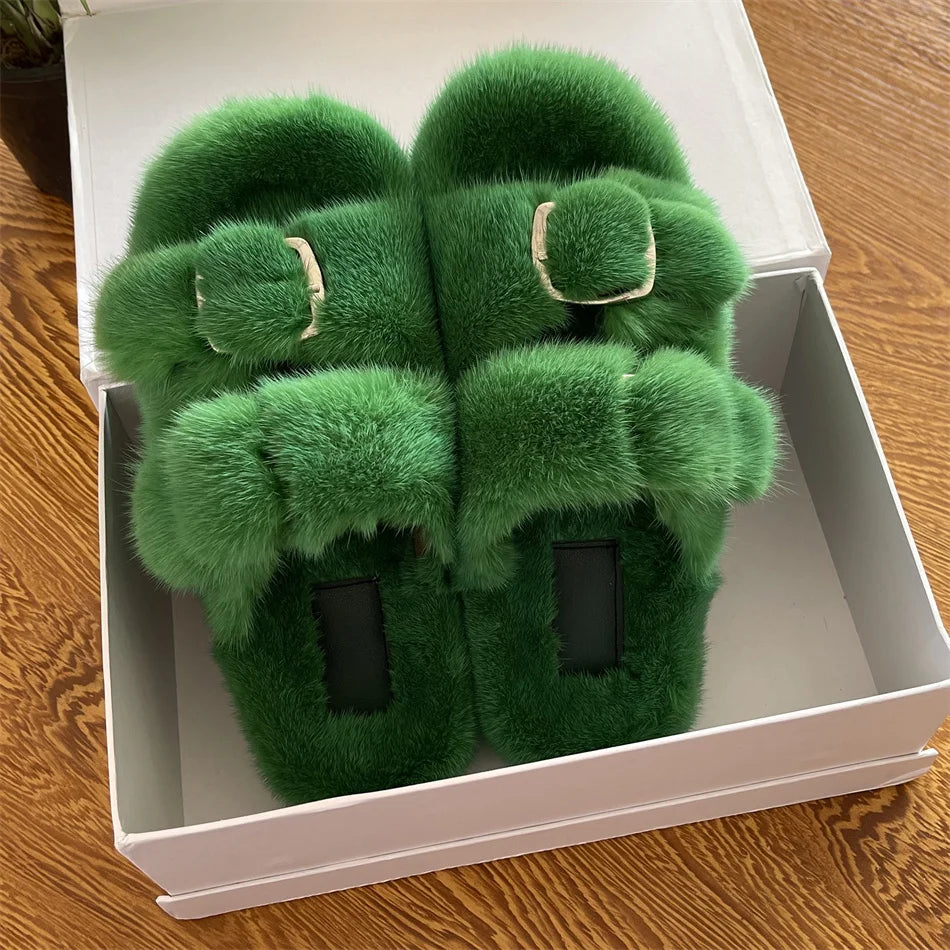 Luxury Designer Slipper Women 2025 Winter European Fashion Women's Shoes Ladies Slippers 100% Mink Slippers Shoes for Woman