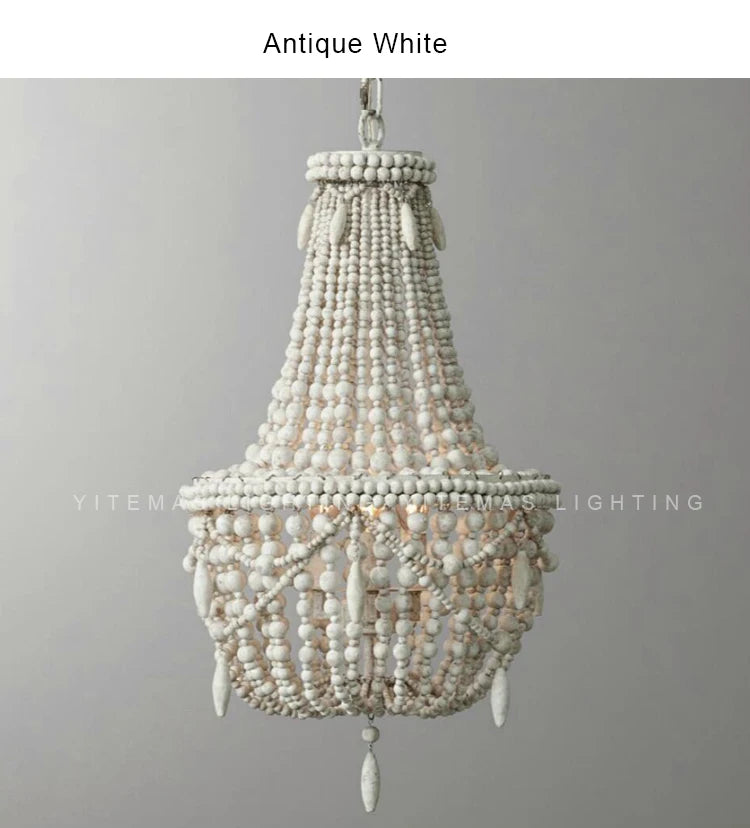 French Country white wood Bead Chandelier dining room bedroom princess Decorative chandelier 3/5 lights hanging light fixture