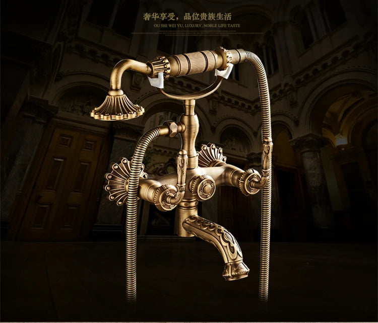 Antique Brass Bathtub Shower Faucets Set Wall Mounted Bath Shower Set Swivel Tub Spout Bath Shower Dual Control Carved Mixer Tap
