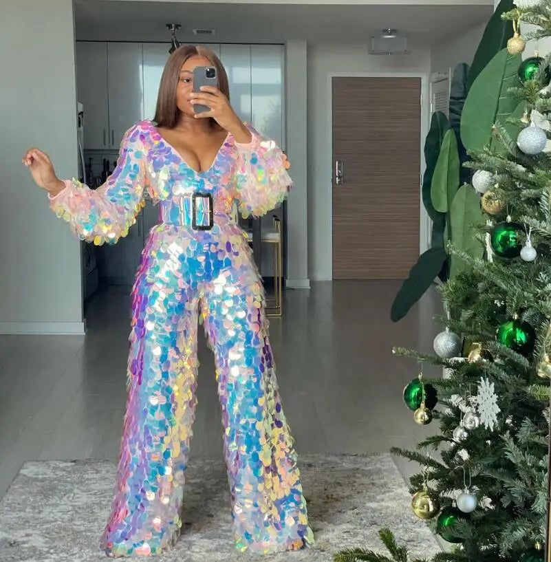 Latest Shiny Sequined Long Women Jumpsuit 2021 Loose Long Jumpsuits Full Sleeves V-neck Fashion Women Outfit Clothing