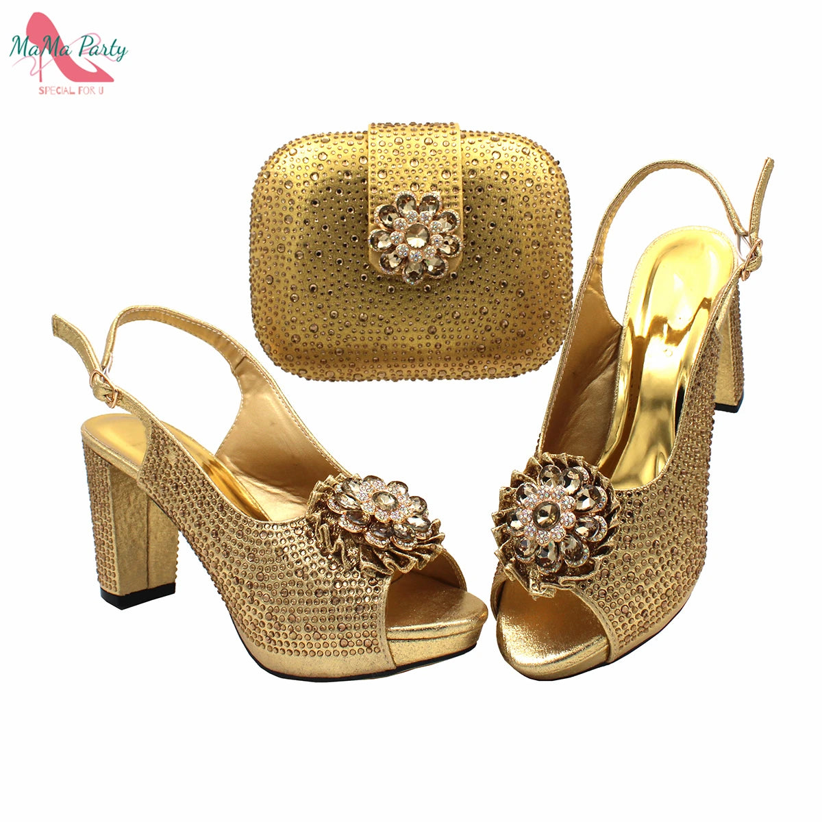 Buckle Strap Sandals Nigerian Women Shoes and Bag Set in Yellow Color with Shinning Crystal Italian Lady Shoes and Bag for Party