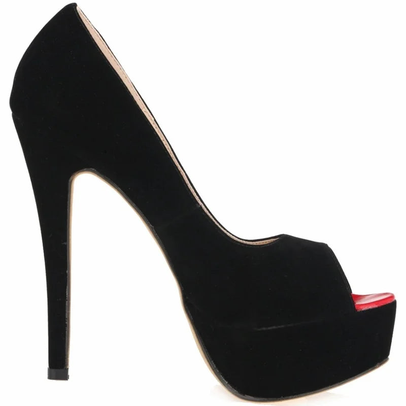 2026 Women Pumps New Fashion 14cm Sexy Peep Toe High Heels Velvet Platform Thin Heel Lady Party Dance Red Wedding Woman Shoes