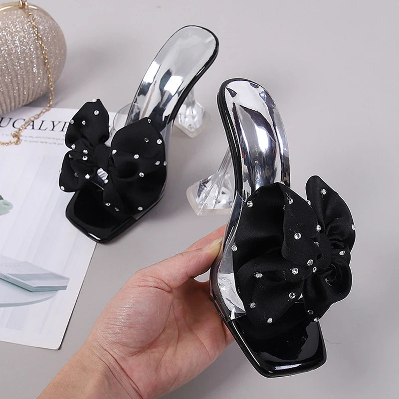 2026 New Fashion Crystal Bow High Heels Slippers Shoes Woman Sexy PVC Transparent Sandals Women Slides Open Toe Pumps Blue Black