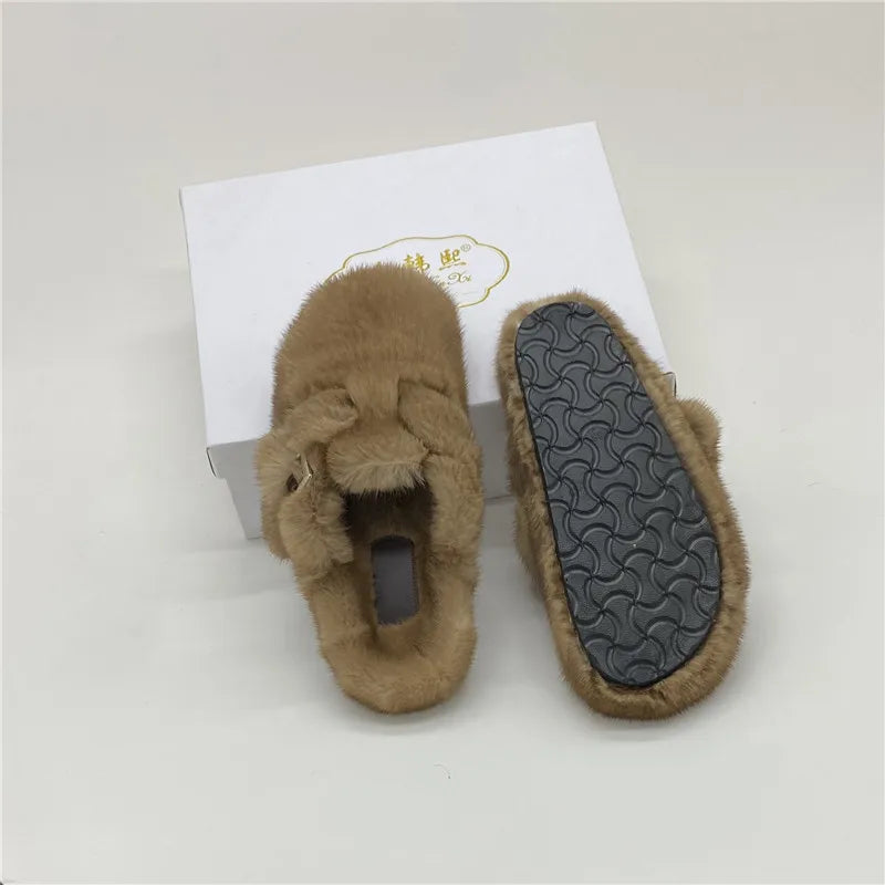 Female Luxury Real Mink Fur Slippers, Women's Clogs, Slip-on Casual Winter Shoes, Mules Shoes Women Luxury Designer Mink Slipper