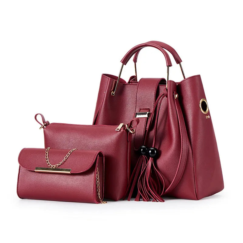 Fashion Women Bucket Handbag Large Capacity PU Leather Shoulder Bag Female  Wild 3 Pcs Set Retro Tote Tassel Messenger Bags 2026