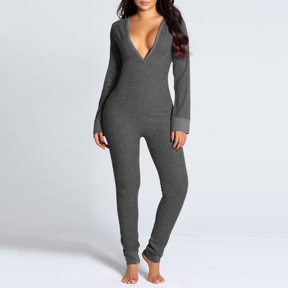 Sexy Pyjama Women's Jumpsuit Suit Button-down Front Back Butt Open Ass Flap Jumpsuit Pajamas Loungewear Buttoned Sleepwear
