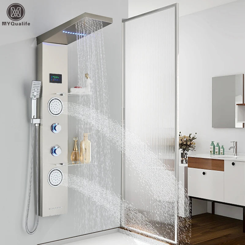 LED Light Shower Panel Waterfall Rain Digital Display Shower Faucet Set SPA Massage Jet Bathroom Column Mixer Tap Tower System