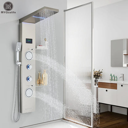 LED Light Shower Panel Waterfall Rain Digital Display Shower Faucet Set SPA Massage Jet Bathroom Column Mixer Tap Tower System