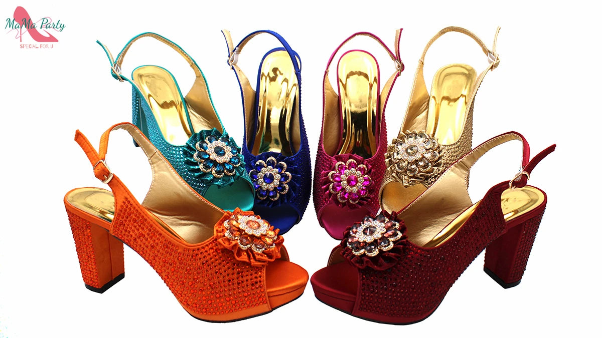 Buckle Strap Sandals Nigerian Women Shoes and Bag Set in Yellow Color with Shinning Crystal Italian Lady Shoes and Bag for Party