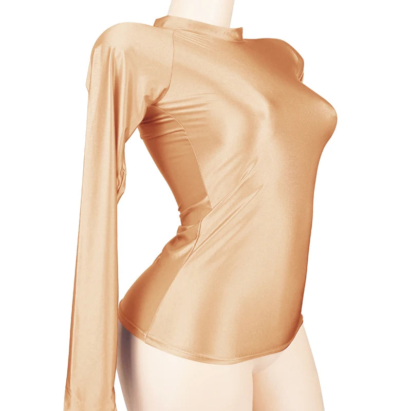 Shiny Long Sleeves Bodysuit Women Glossy Sportswear High Neck Gym Suit Sexy Transparent Leotards Compression Shirt Bathing Top