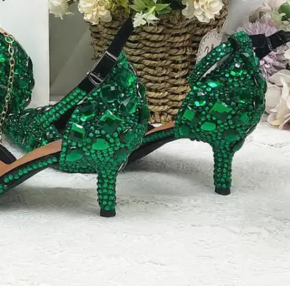 BaoYaFang 2022 NEW ARRIVE Green Crystal Wedding Shoes Woman Thin Heel Pointed Toe Bridal Party Dress Shoe Big Size High Pumps