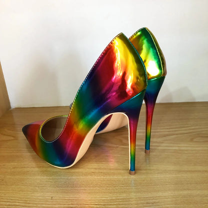 Veowalk Artsy Glossy Colorful Print Women Pointed Toe High Heels Ladies Slip On Stilettos Pumps Sexy Night Club Thin Heel Shoes