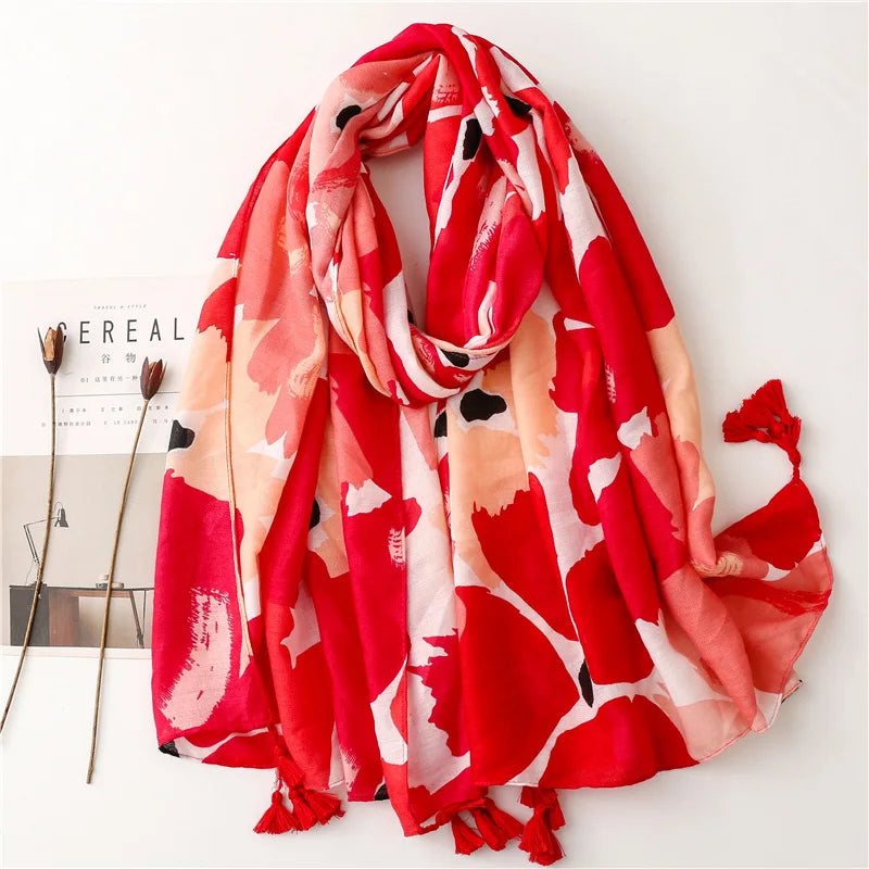 2026 Luxury Brand Ink Painting Floral Tassel Viscose Shawl Scarf Lady High Quality Pashmina Hijab and Wraps Foulard Muslim Sjaal