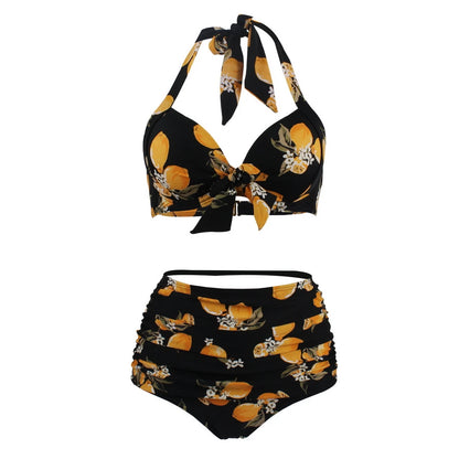 Pleated Bikini Red Top Navy Blue With White Dots Bottom Women Classic High Waist Halter Bikini Sets Plus Size Two-piece Swimwear