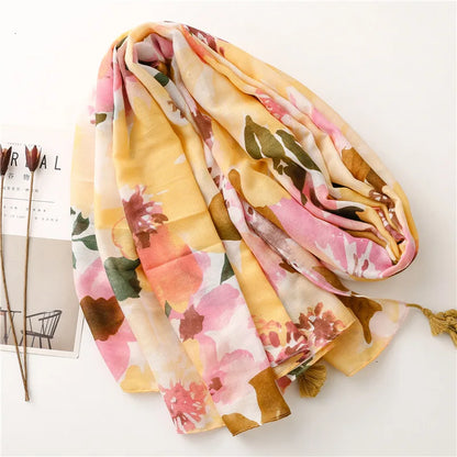 2026 Luxury Brand Ink Painting Floral Tassel Viscose Shawl Scarf Lady High Quality Pashmina Hijab and Wraps Foulard Muslim Sjaal