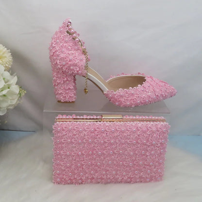 AB Pink Pearl Flower Wedding Shoes With Matching Bags High Heels Pointed Toe Ankle Strap Ladies Party Shoe and Bag Set