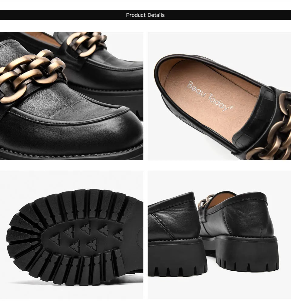 BeauToday Loafers for Women Genuine Cow Leather Round Toe Metal Chain Slip-on Ladies Platform Shoes Handmade I27748