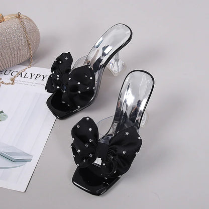2026 New Fashion Crystal Bow High Heels Slippers Shoes Woman Sexy PVC Transparent Sandals Women Slides Open Toe Pumps Blue Black