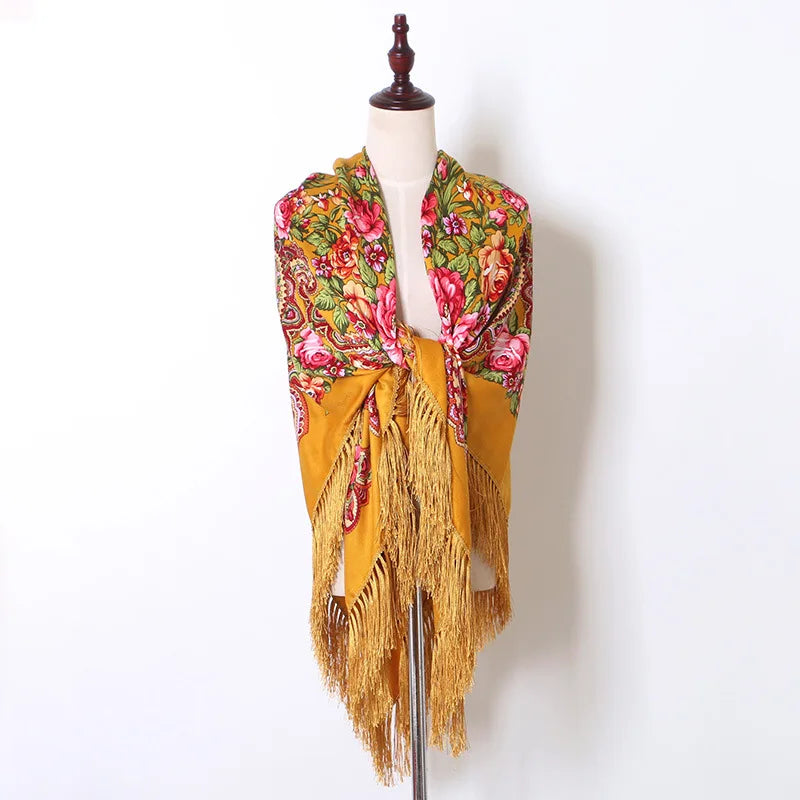 160cm Women Russian National babushka Scarf Lady Tassel Floral Print Cotton Headscarf Wraps Beach Travel Shade Shawls Bandana