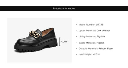 BeauToday Loafers for Women Genuine Cow Leather Round Toe Metal Chain Slip-on Ladies Platform Shoes Handmade I27748
