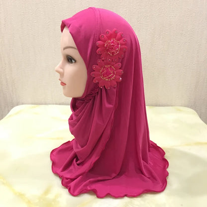 H081 beautiful small girl hijab with flowers cute hijab hats women's caps can fit 2-6 years old girls