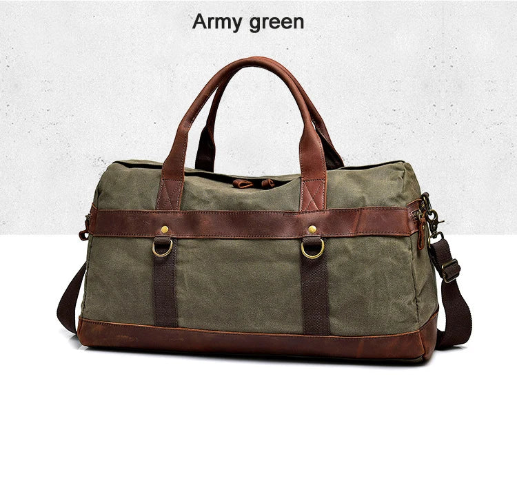 WaterProof Waxed Canvas Leather Men Travel Bag Hand Luggage Bag Carry On Large tote Vintage Men Duffle Weekend Bag big Overnight