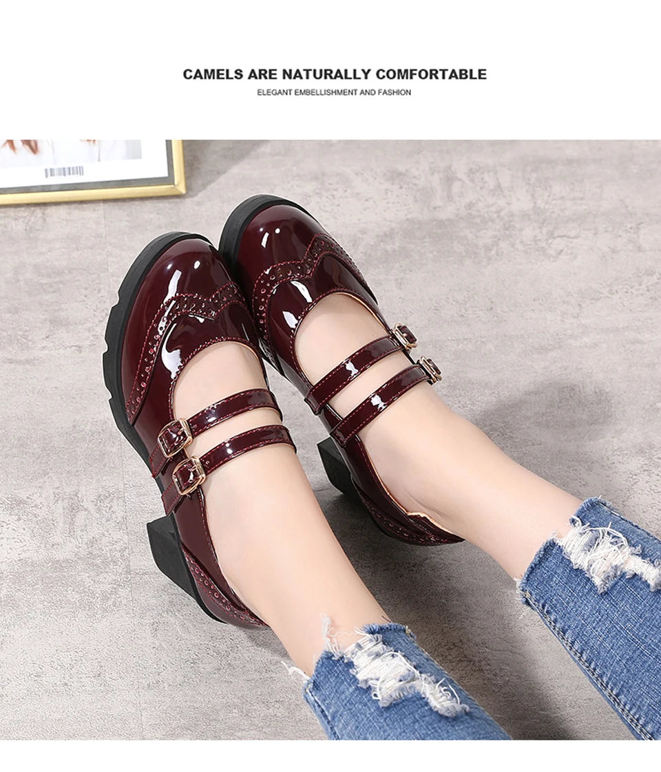 EOFK Women Pumps Shoes Genuine Leather New Mary Jane High Heels Shinny Patent Woman Ladies Shoes Pumps Brogue High Square Heel