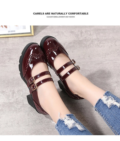 EOFK Women Pumps Shoes Genuine Leather New Mary Jane High Heels Shinny Patent Woman Ladies Shoes Pumps Brogue High Square Heel