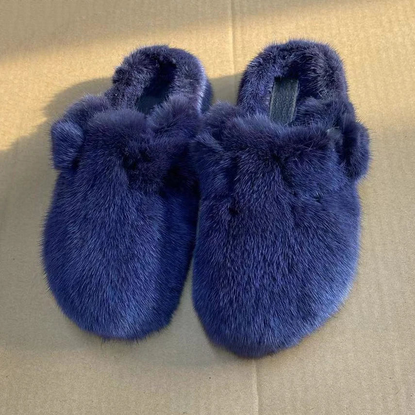 Female Luxury Real Mink Fur Slippers, Women's Clogs, Slip-on Casual Winter Shoes, Mules Shoes Women Luxury Designer Mink Slipper